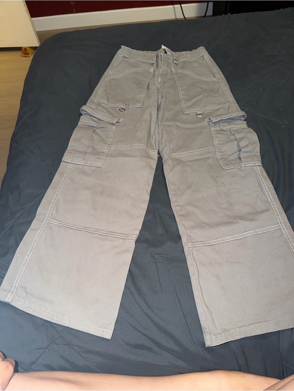 Wide-Leg Cargo Jumpsuit Pants in Light Gray